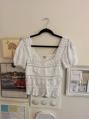 White Crochet Square-Neck Puff Sleeve Blouse